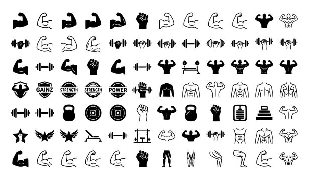 Strong Biceps Muscle Flex Outline and Silhouette Icons Vector Set