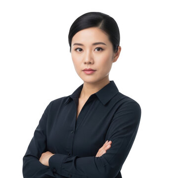 Serious young asian businesswoman with arms crossed isolated on transparent background