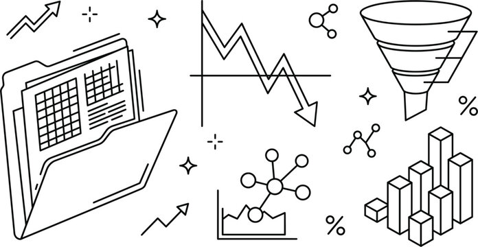 Data analysis and business metrics line art icon set featuring document folder bar chart funnel and market trends