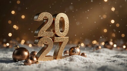 Naklejka premium Golden glitter numbers 2027 stacked elegantly on snow with decorative Christmas baubles and bokeh lights creating festive holiday atmosphere.