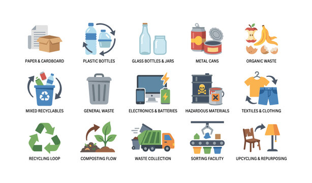 Waste sorting and recycling category icons in grid layout