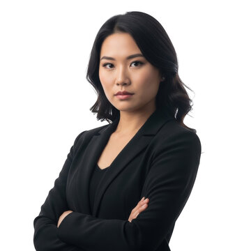 Serious asian businesswoman standing with arms crossed isolated on transparent background