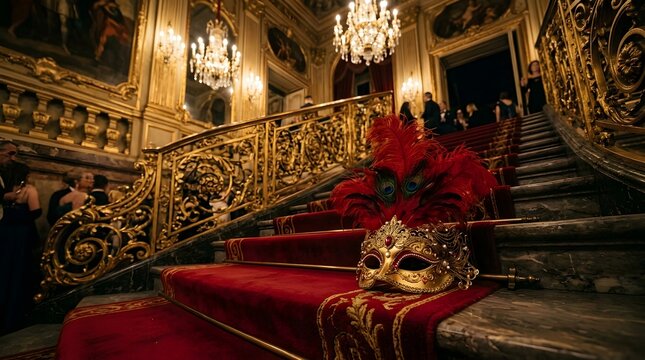 Elegant masquerade mask with red feathers on a grand staircase