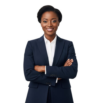 Confident african american businesswoman in a dark suit isolated on transparent background