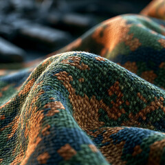 Fototapeta premium Macro canvas texture with pixelated green, brown, and black camo blocks. Cinematic lighting reveals woven threads. Clean right space perfect for tactical branding, packaging, and ad campaigns.