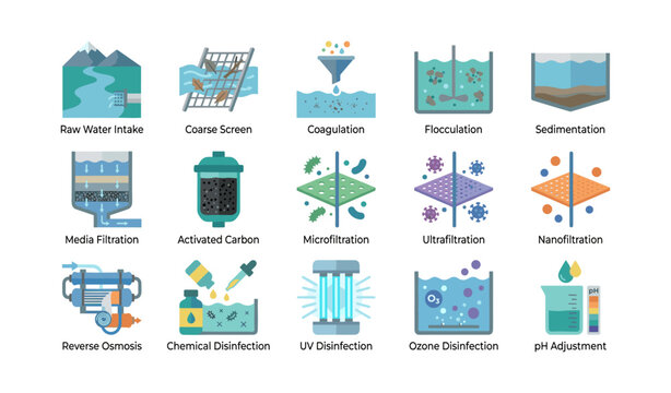 Water treatment process icons arranged in grid on white background