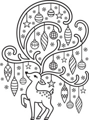 Fototapeta premium Reindeer with large antlers decorated with christmas ornaments and snowflakes