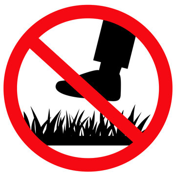 No walking on grass prohibition sign with a red circle and diagonal slash over a foot stepping on grass. Warning symbol vector for parks, gardens, safety, public areas, and environmental protection.