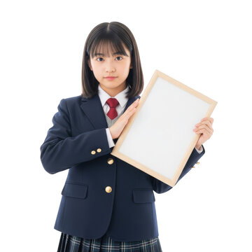 Asian schoolgirl in uniform holding a blank sign board isolated on transparent background