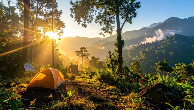 Camping in serene mountain landscape sunrise.