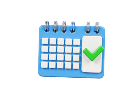 Blue 3d calendar icon with green check mark, isolated on transparent background