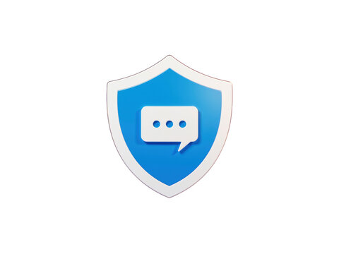 Shield icon protecting chat message in blue 3d render, isolated on transparent background