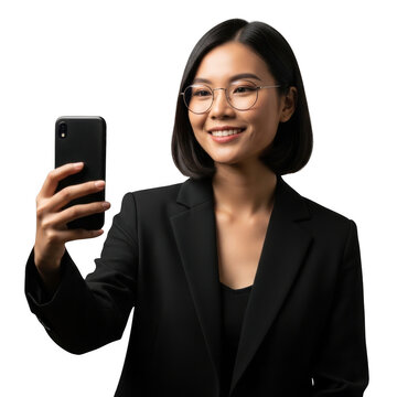Young asian woman in business suit taking a selfie with phone isolated on transparent background