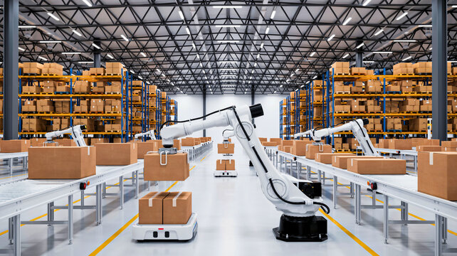 Automated Warehouse with Robotic Arms and Conveyor Belts for Logistics and Fulfillment