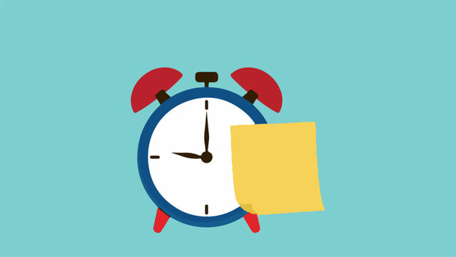 Retro alarm clock with yellow sticky note on blue background
