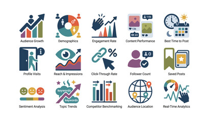 Fototapeta premium Social media analytics icons showing metrics and charts grid