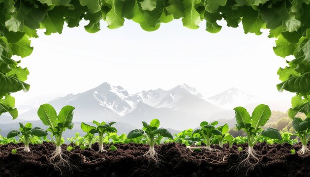 Young green seedlings with roots growing in fertile soil with a mountain background frame