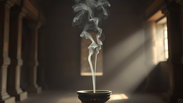 Inside an ancient temple, a thin wisp of smoke rises from an incense burner.