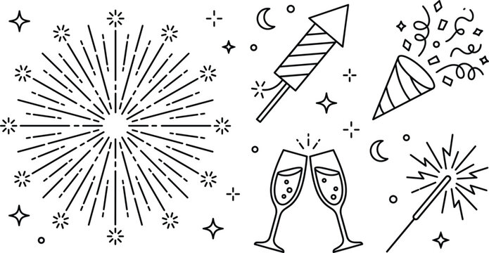 Fireworks and celebration line art vector set featuring fireworks rocket confetti party popper champagne glasses and sparkler