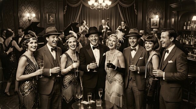 Group of elegant people in 1920s vintage attire celebrating at a jazz club party