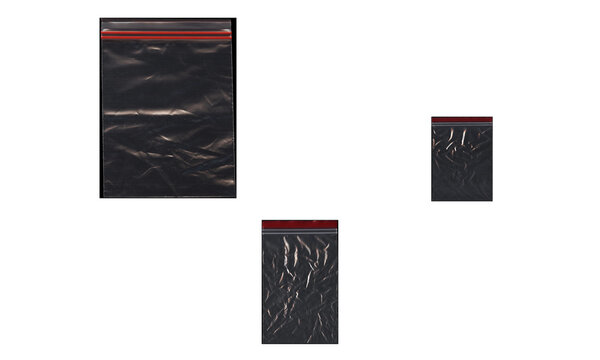Black plastic ziplock bags with red seal, set of three wrinkled polyethylene pouches, glossy texture shipping supply mockups on white background