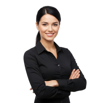 Smiling young businesswoman in black shirt with arms crossed isolated on transparent background