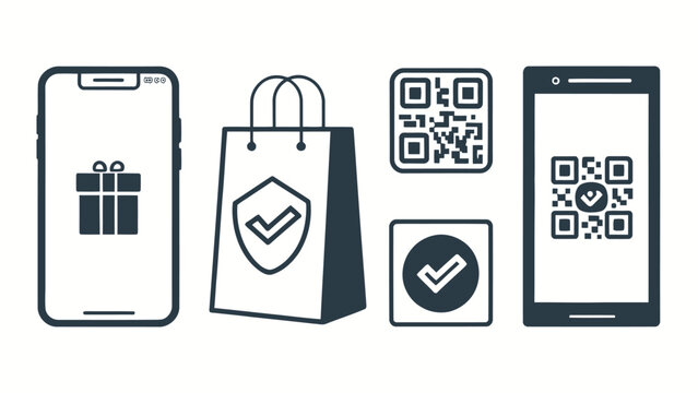 Flat design shopping icons on mobile and paper bag with security symbols isolated on white background