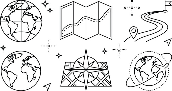 Global travel and navigation geography vector icon set with globe map compass road airplane pin flag line art