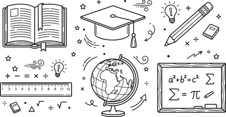 Hand drawn education doodle vector set with book graduation cap globe ruler pencil blackboard and school math icons © Hafizul