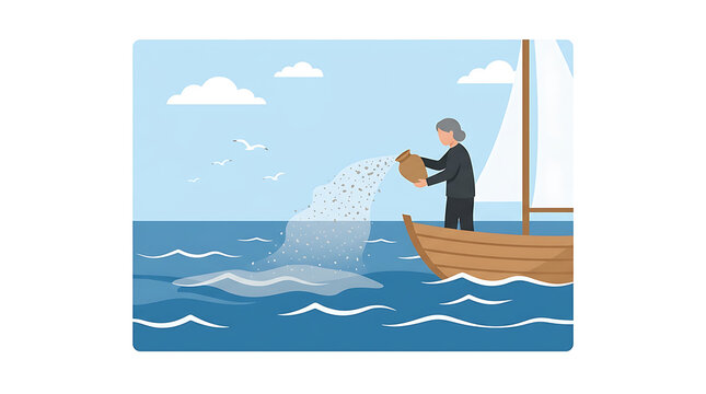 Elderly person scattering ashes from a boat at sea, a symbolic act of remembrance and farewell with birds flying overhead.