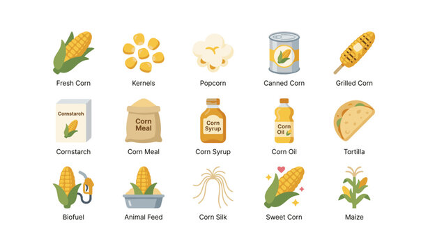 Corn product icons showing varieties and processed forms on white