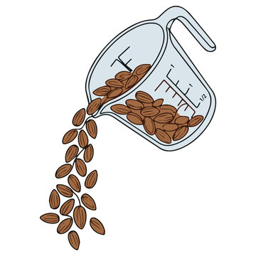 A measuring cup pouring out almonds on a plain background for baking or cooking purposes.
