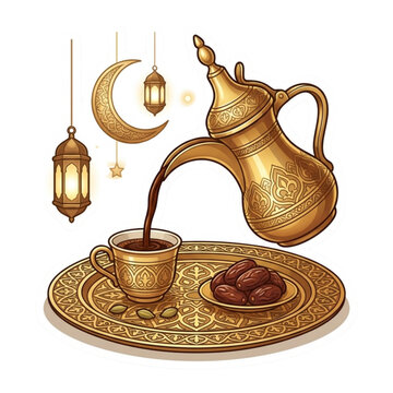 Golden Dallah and Coffee Cup Sticker Vector
