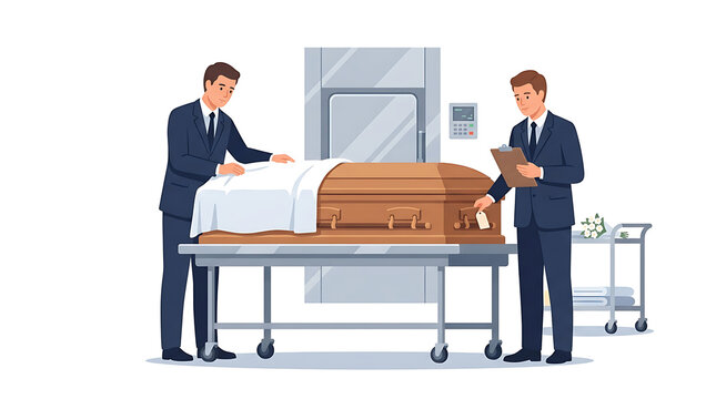 Morticians preparing wooden coffin for funeral service illustration
