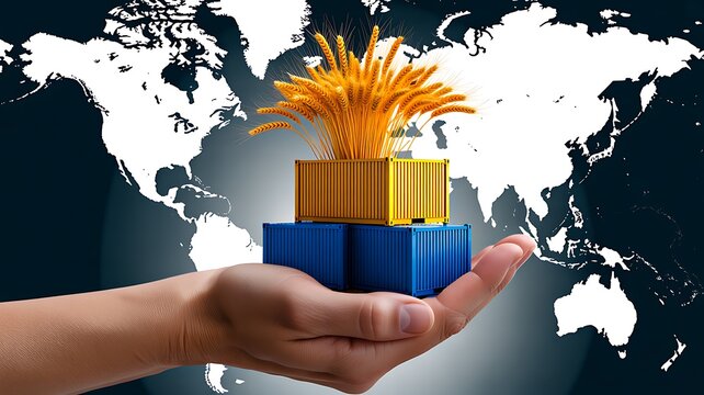 Global export concept with cargo package and wheat representing international trade