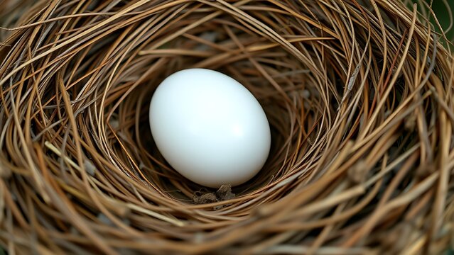 Single cuckoo egg lying in a nest belonging to a smaller bird.