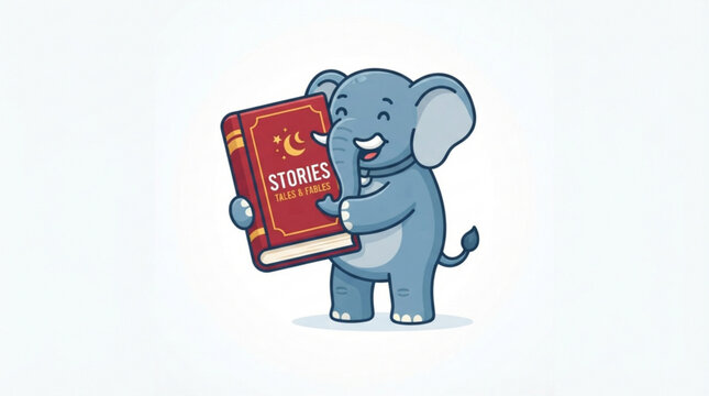 Cute cartoon elephant holding a red storybook for bedtime tales and fables illustration featuring a friendly animal character on white background