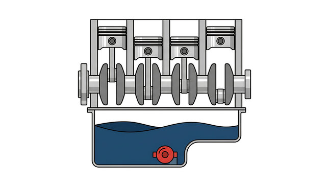 An illustration shows a mechanical engine with crankshaft and oil pan.