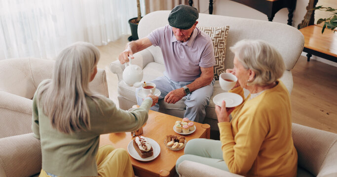 Friends, tea party and support with old people in home for bonding, retirement and together. Drinks, relax and social reunion with senior group in living room for breakfast, visit and care in house
