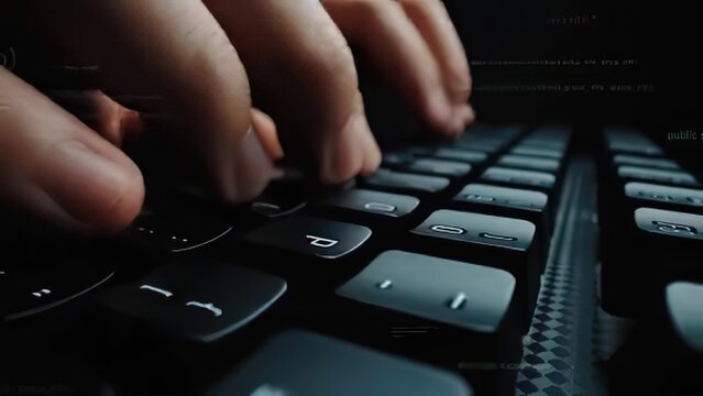 Close-up of fingers typing on a black computer keyboard