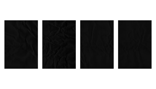 Crumpled black poster mockup set, wrinkled paper textures, 4 dark street flyer templates