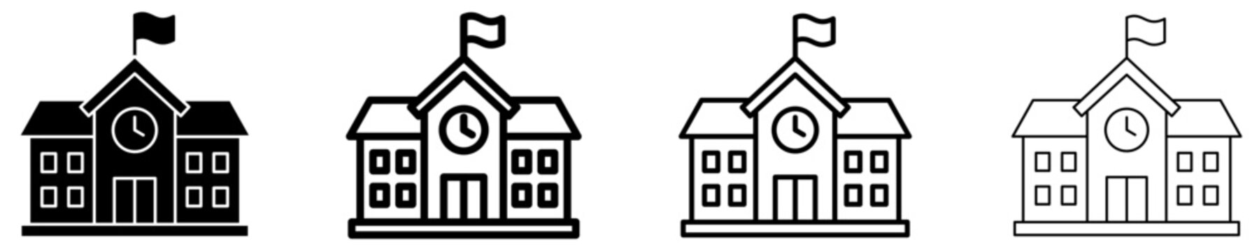 School building solid glyph icon with flag and clock. Vector illustration.