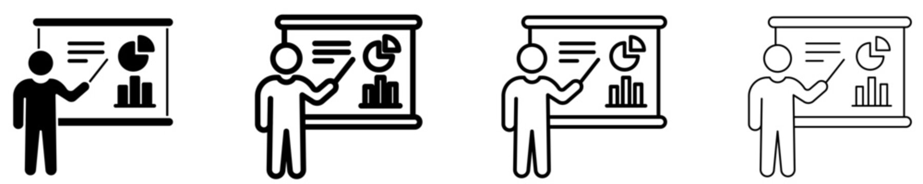 Business presentation line icon with person and charts. Vector illustration.