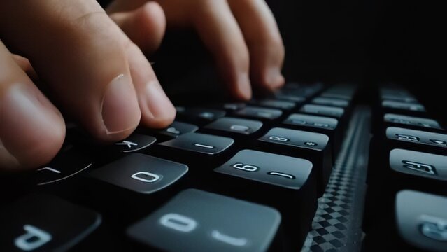 Close-up of hands typing on a black computer keyboard