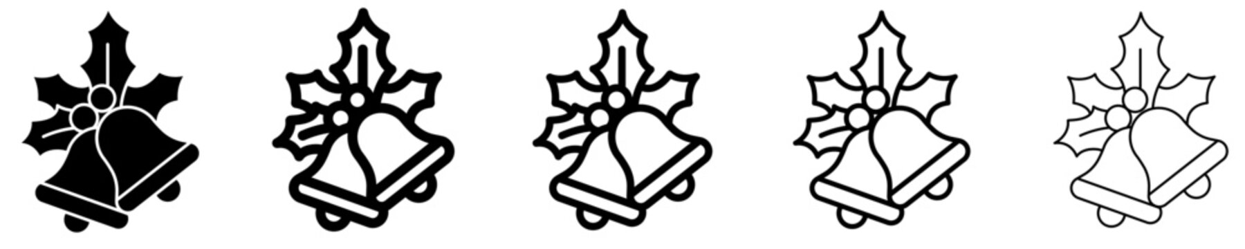 Christmas bells solid glyph icon with holly and bow. Vector illustration.