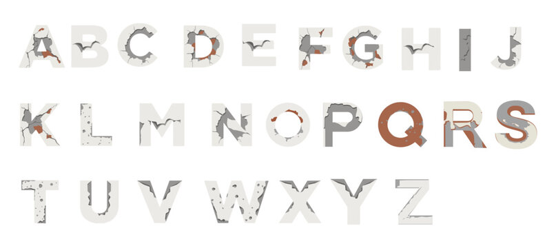grunge cracked concrete alphabet distressed industrial typography uppercase letters vector collection