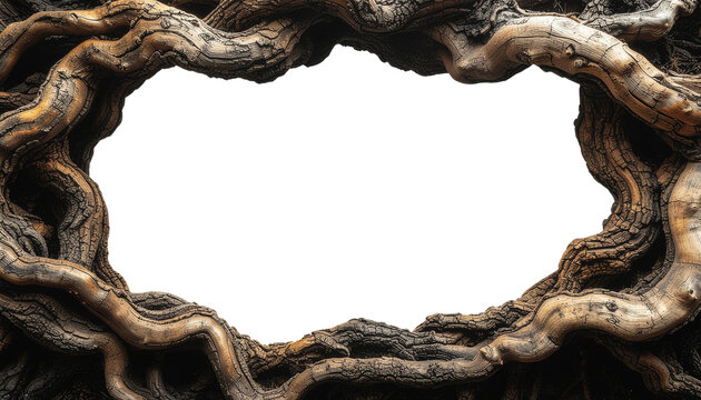 Natural Woven Tree Root Frame with Organic Wood Texture and Central White Copyspace for Rustic Nature Themed Design Projects