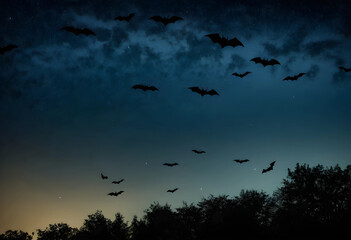 Fototapeta premium Flock of bats flying at night over forest