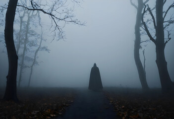 Naklejka premium Hooded figure standing on foggy forest path at dusk