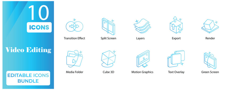 Video Editing Editable Icons Bundle &ndash;  Modern Line Style Multimedia and Post Production Icons